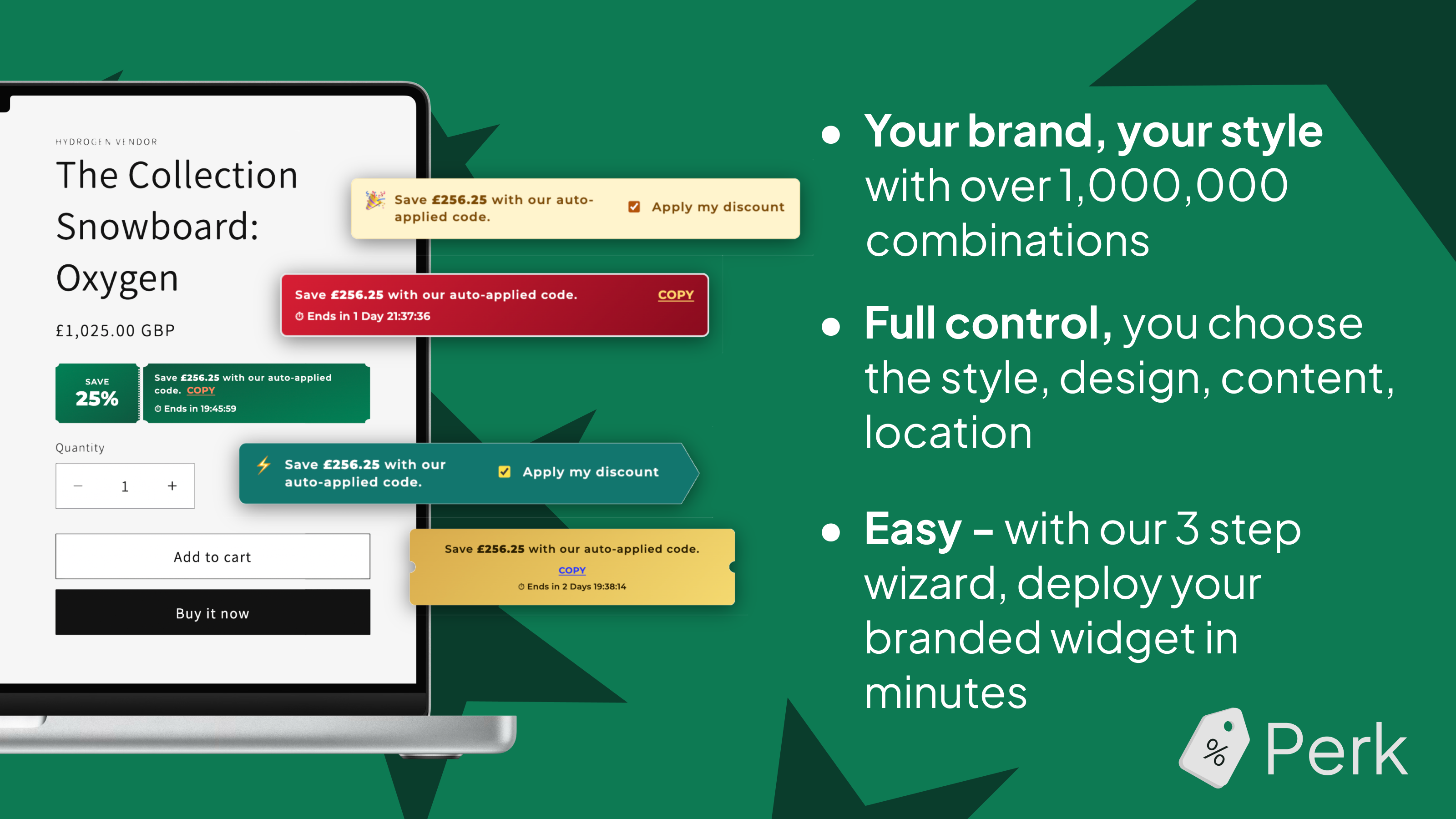 Multiple Perk widget styles in gold, green, and white on a laptop mockup