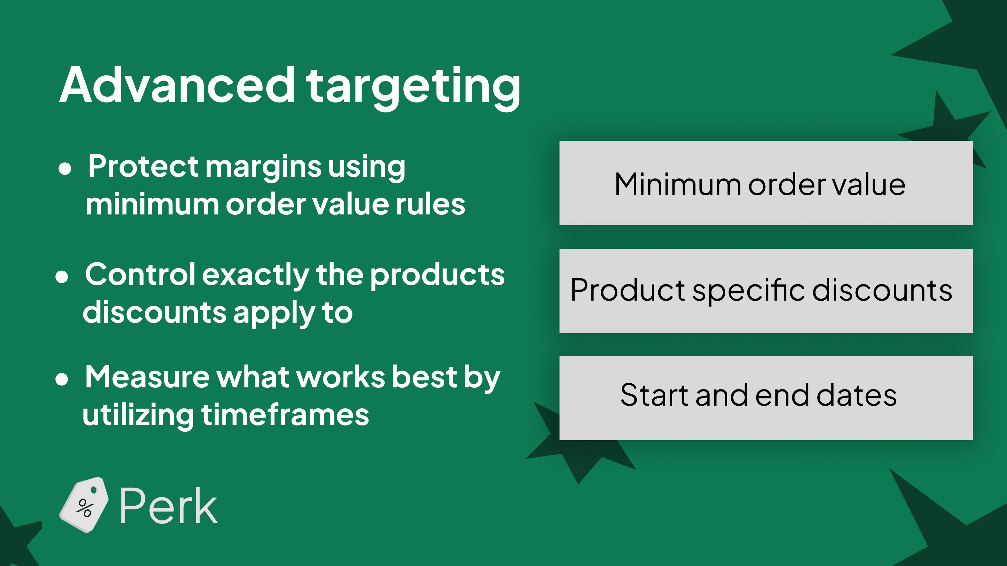 Advanced targeting: minimum order value, product specific discounts, start and end dates