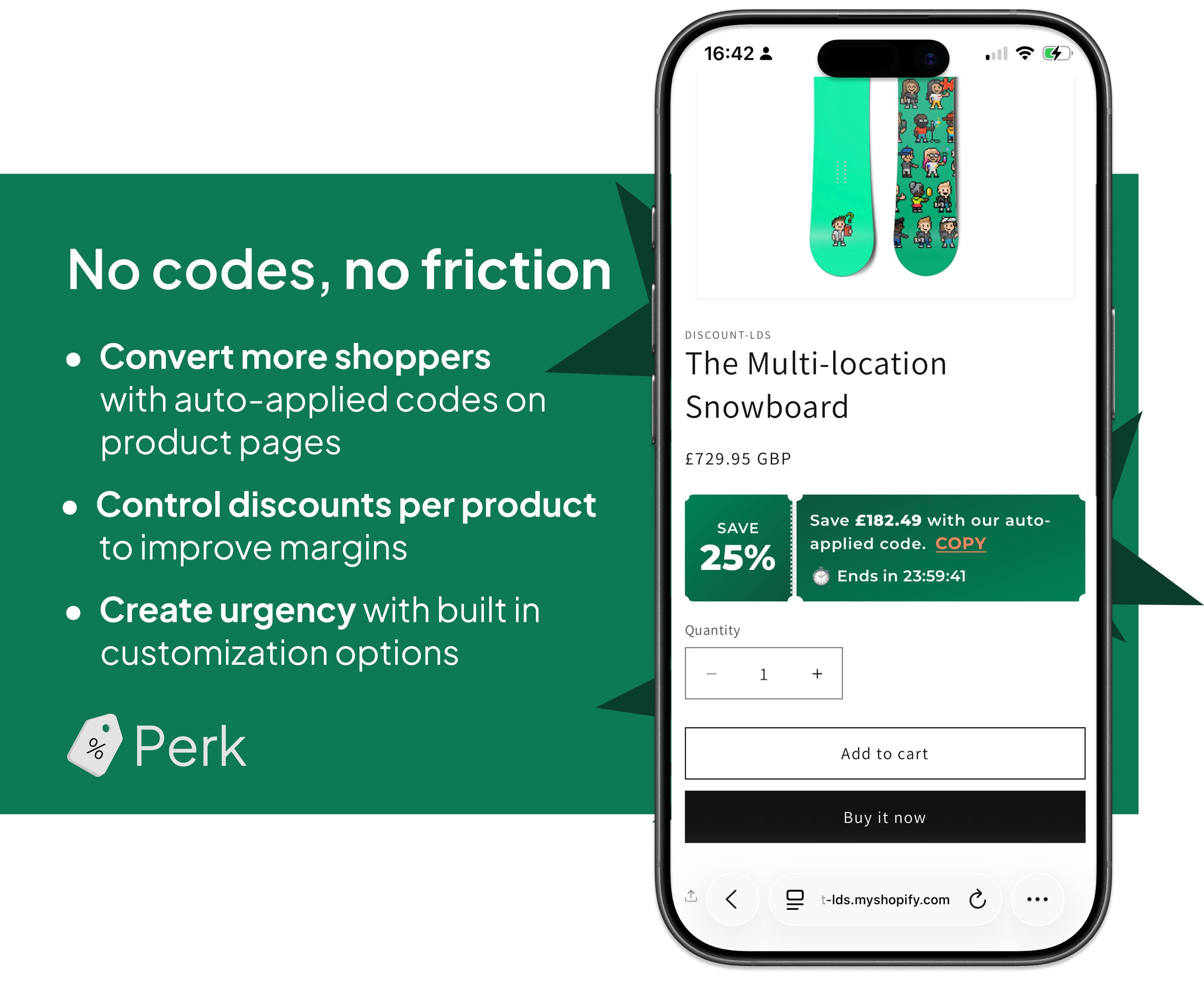 The Perk widget on a Shopify product page, showing an auto-applied 25 percent discount with a countdown